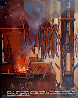 Oil painting of blacksmith's forge painted in the Australian Technology Park, Eveleigh Railway Workshops by industrial heritage artist Jane Bennett